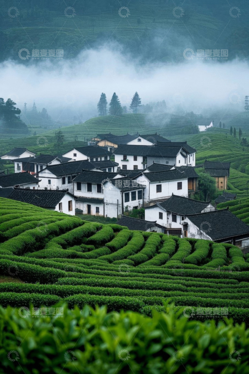 高清大图下载【趣麦麦图】山间村落与茶园风光