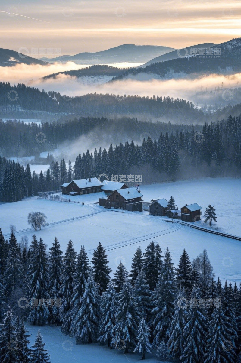 高清大图下载【趣麦麦图】雪后山林中的木屋风景