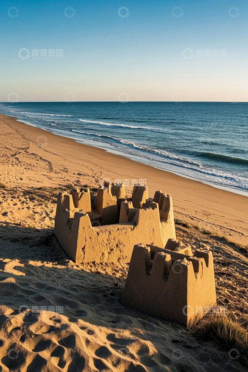 高清大图下载【趣麦麦图】海滩上的沙堡与海洋景观