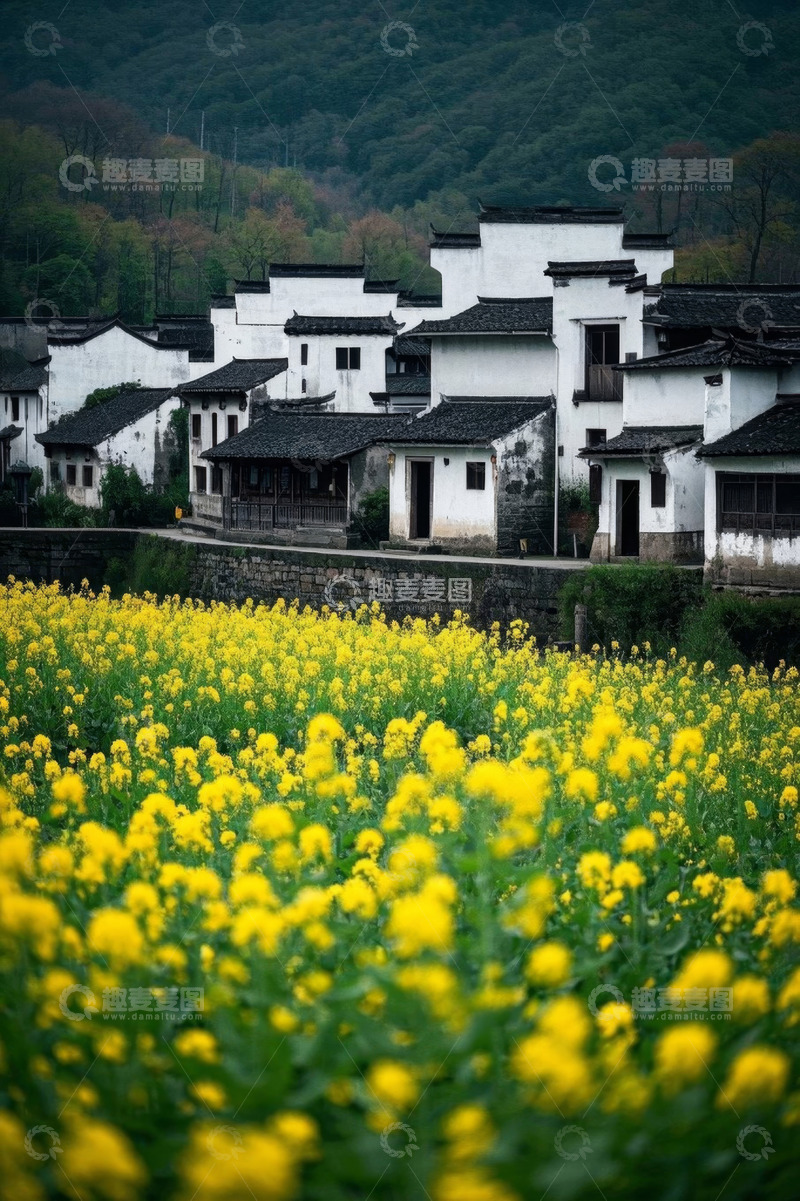 高清大图下载【趣麦麦图】乡村油菜花田旁的白墙黑瓦民居