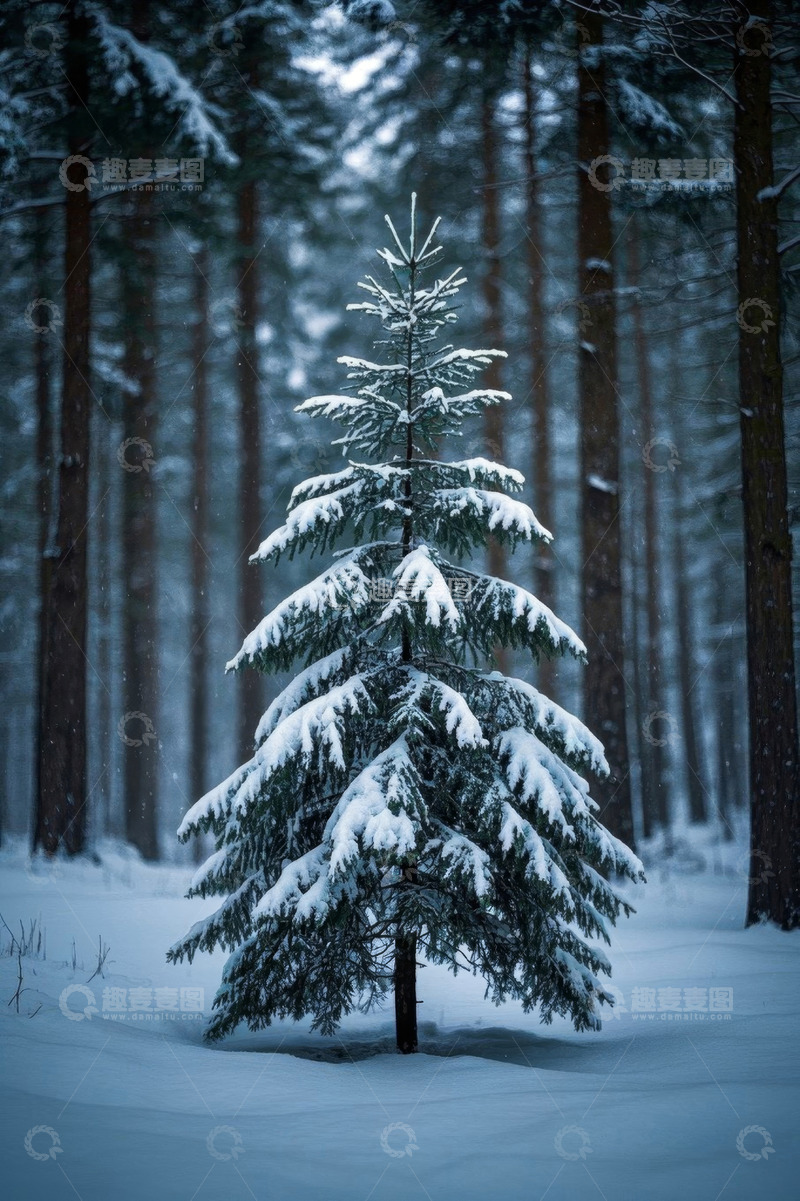 高清大图下载【趣麦麦图】雪覆森林中的松树景象