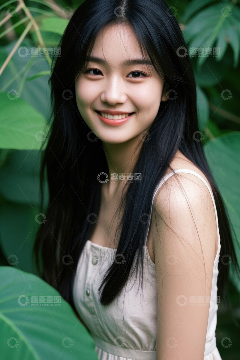 高清大图下载【趣麦麦图】绿叶丛中微笑的女孩