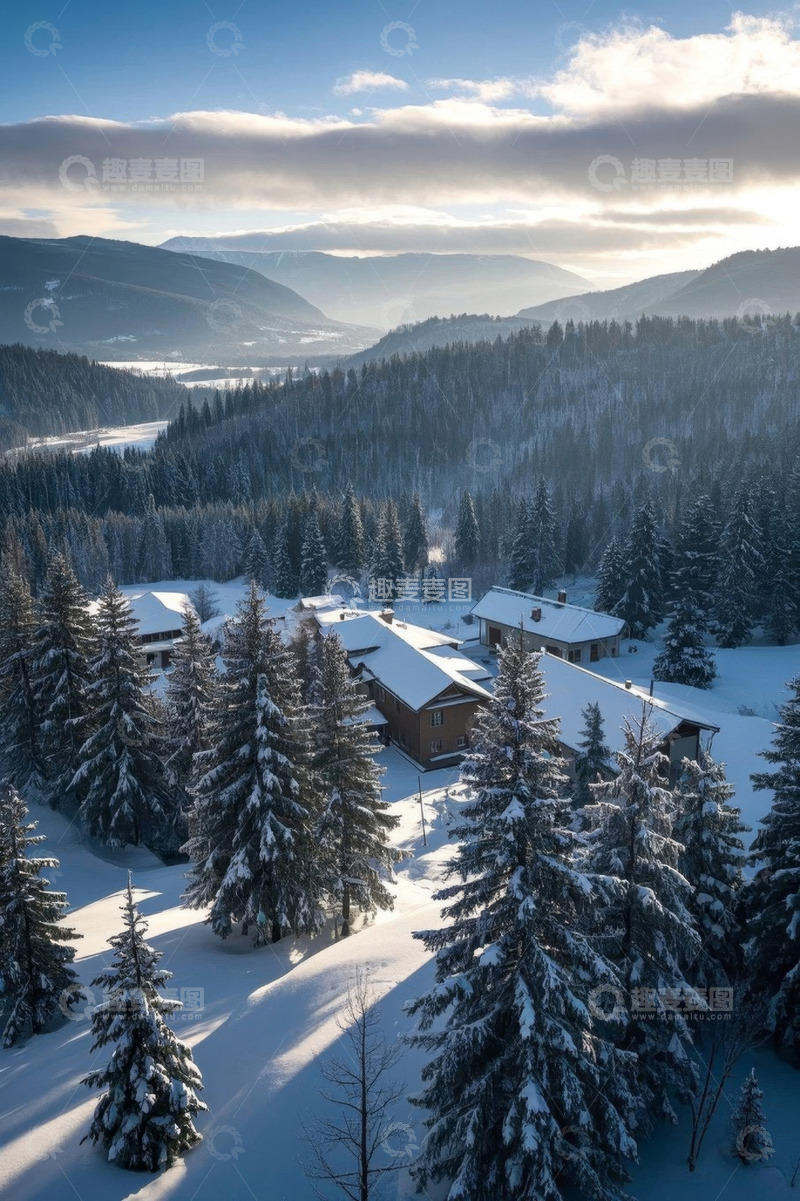 高清大图下载【趣麦麦图】雪后山林中的房屋景观