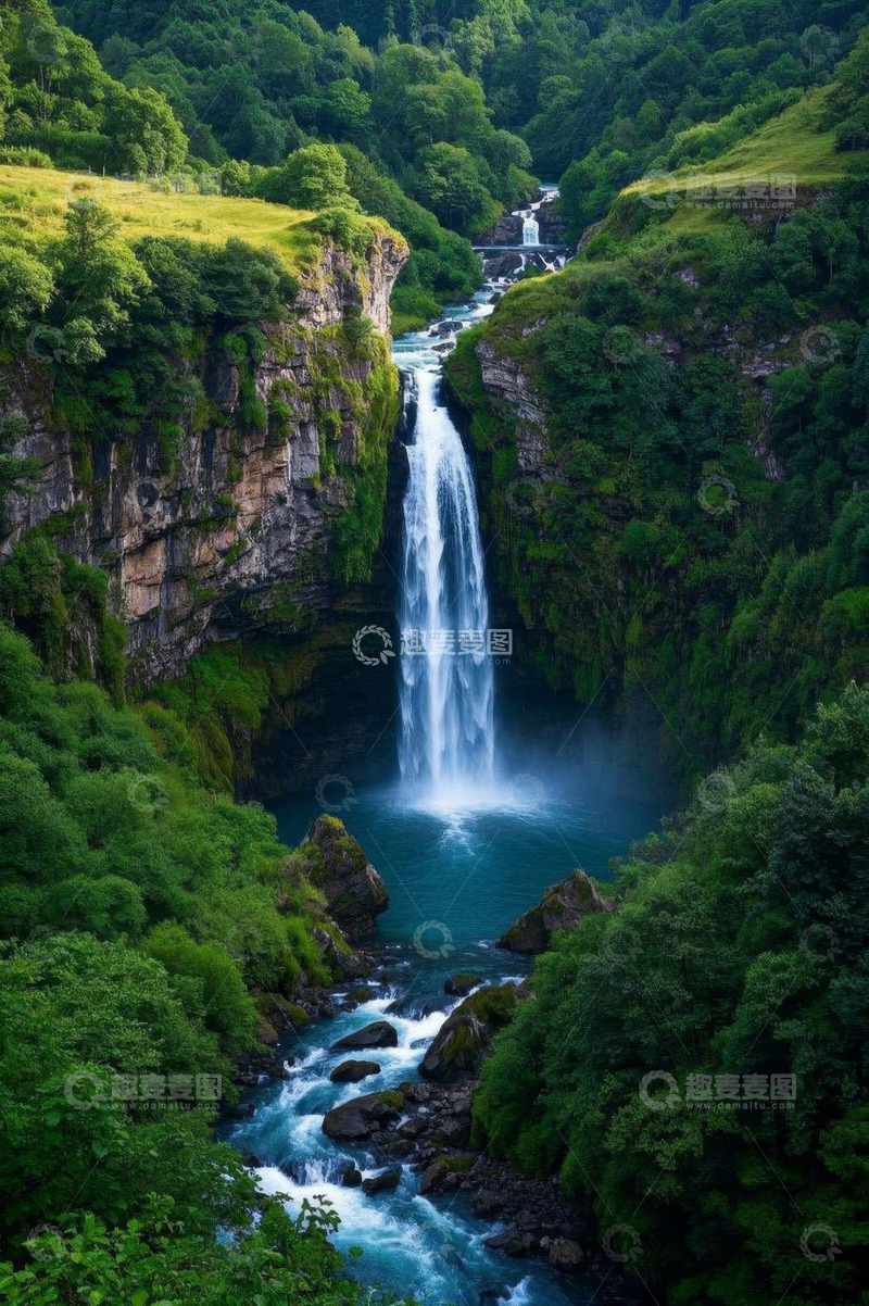高清大图下载【趣麦麦图】山间壮丽瀑布自然景观