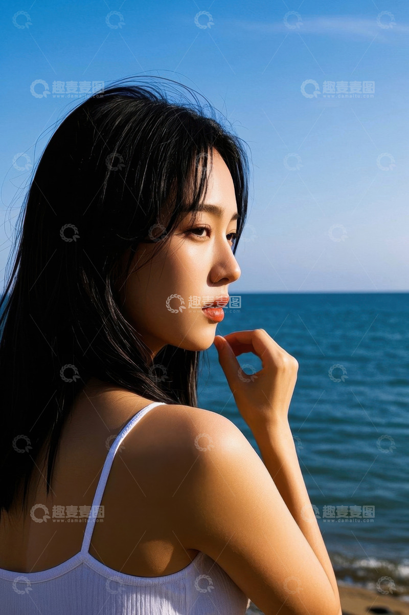 高清大图下载【趣麦麦图】海边凝望的年轻女子