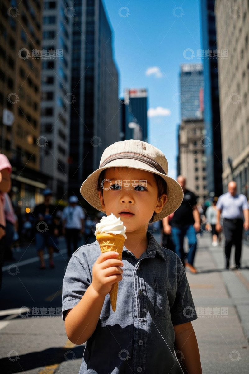 高清大图下载【趣麦麦图】城市街景中吃冰激凌的小男孩