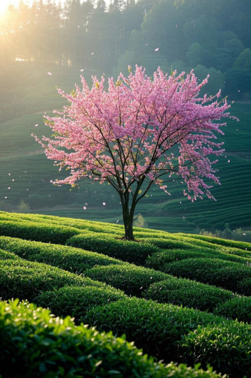 茶园中盛开的粉色樱花树