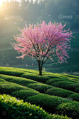 高清大图下载【趣麦麦图】-茶园中盛开的粉色樱花树