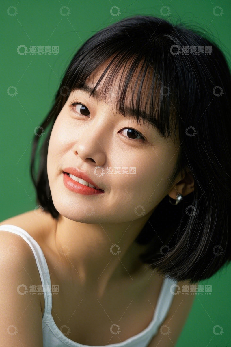 高清大图下载【趣麦麦图】绿色背景下年轻女孩肖像