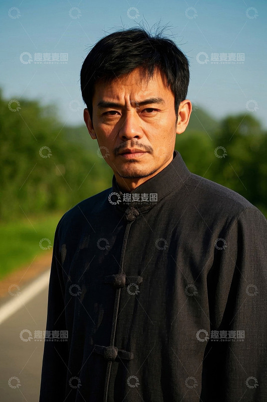 男子穿着黑色中式服装凝视前方