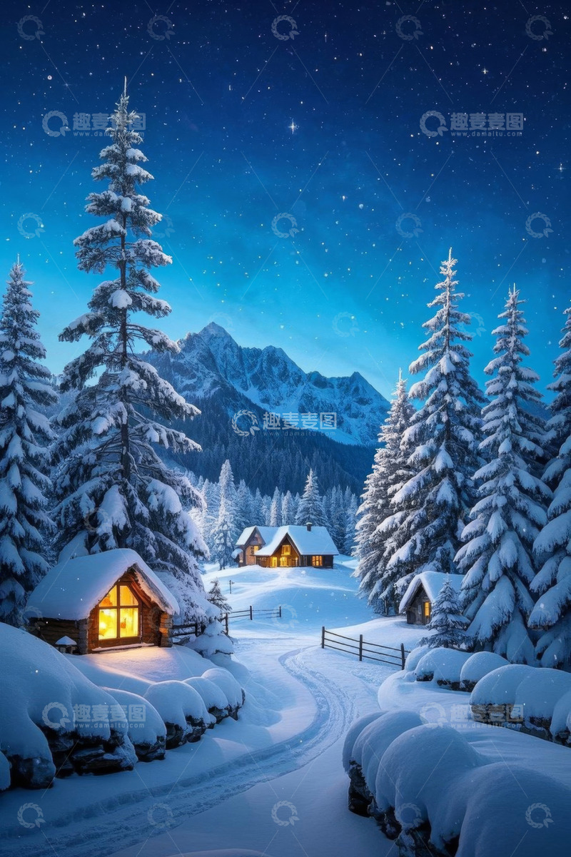 高清大图下载【趣麦麦图】雪夜山间木屋雪景