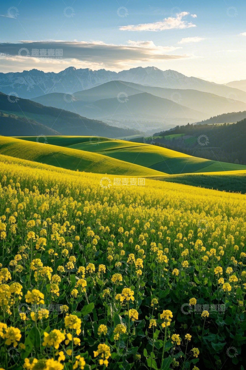 高清大图下载【趣麦麦图】山间黄色油菜花田自然风光