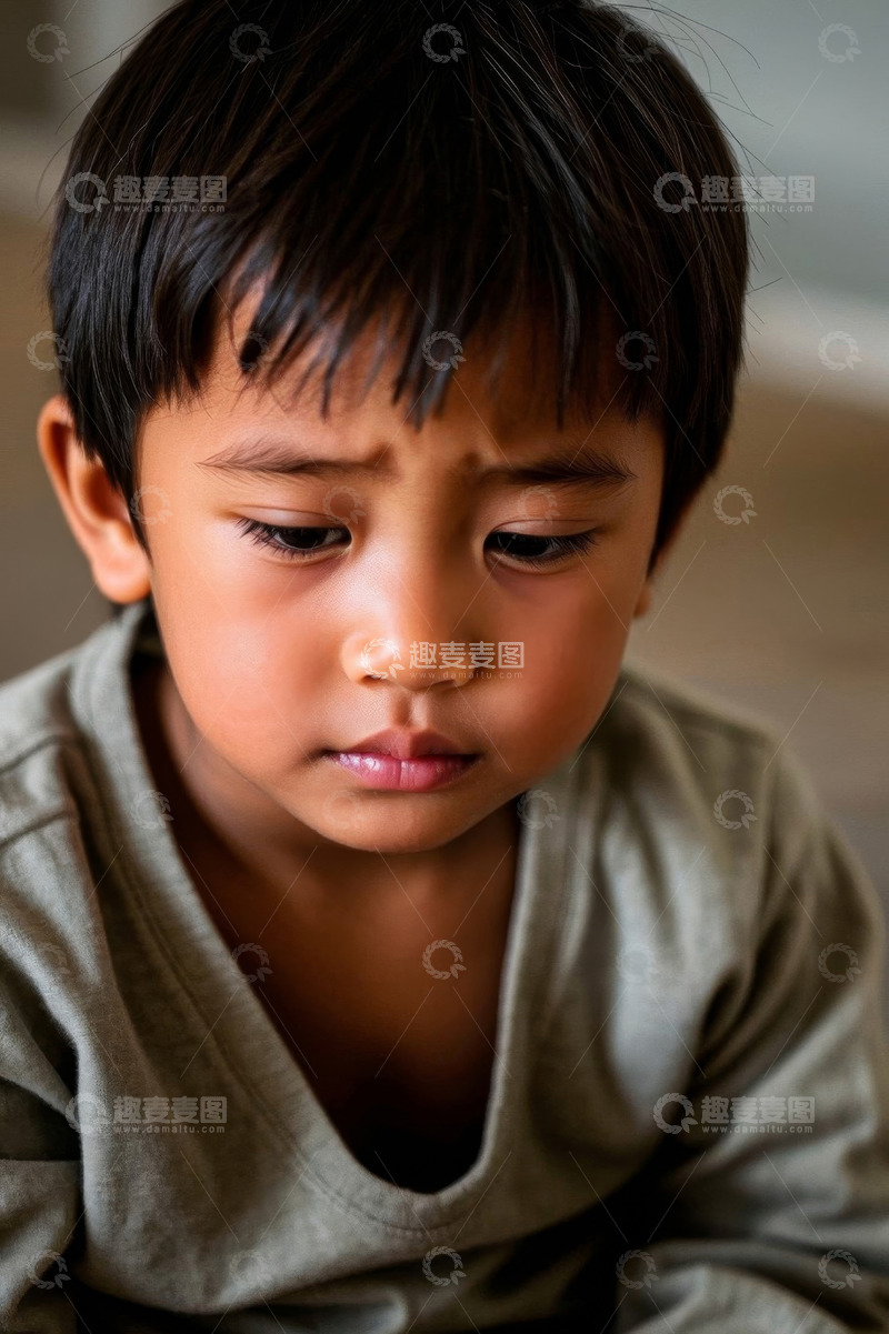 高清大图下载【趣麦麦图】忧郁的小男孩低头沉思