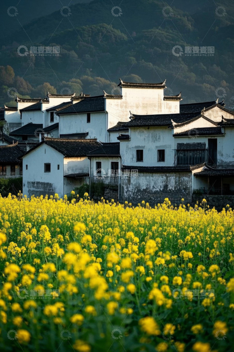 高清大图下载【趣麦麦图】乡村油菜花田旁的传统民居
