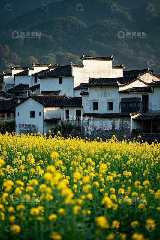 乡村油菜花田旁的传统民居