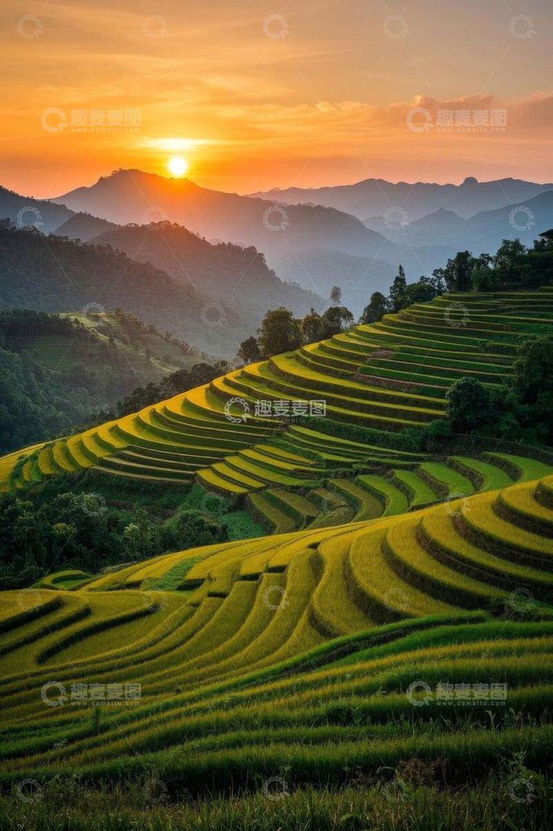 高清大图下载【趣麦麦图】夕阳下的乡村梯田景观