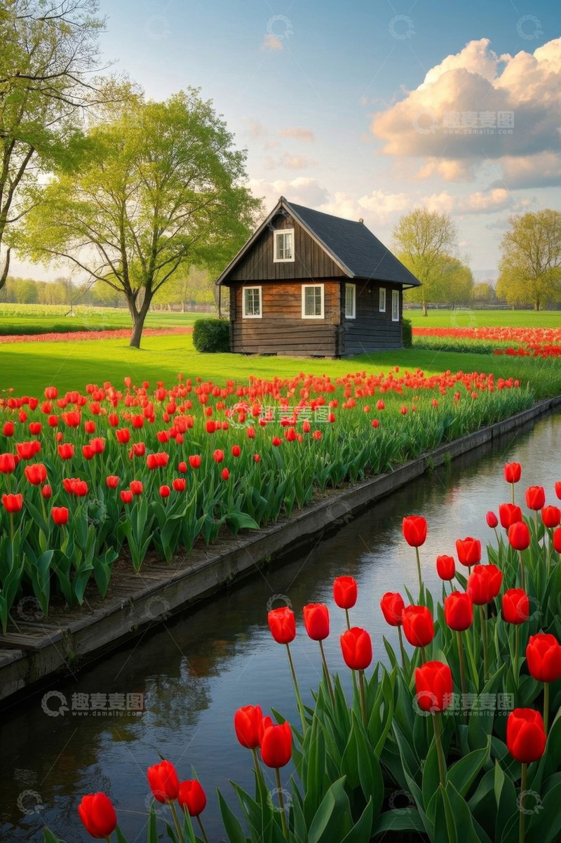 高清大图下载【趣麦麦图】郁金香花田中的木屋风景