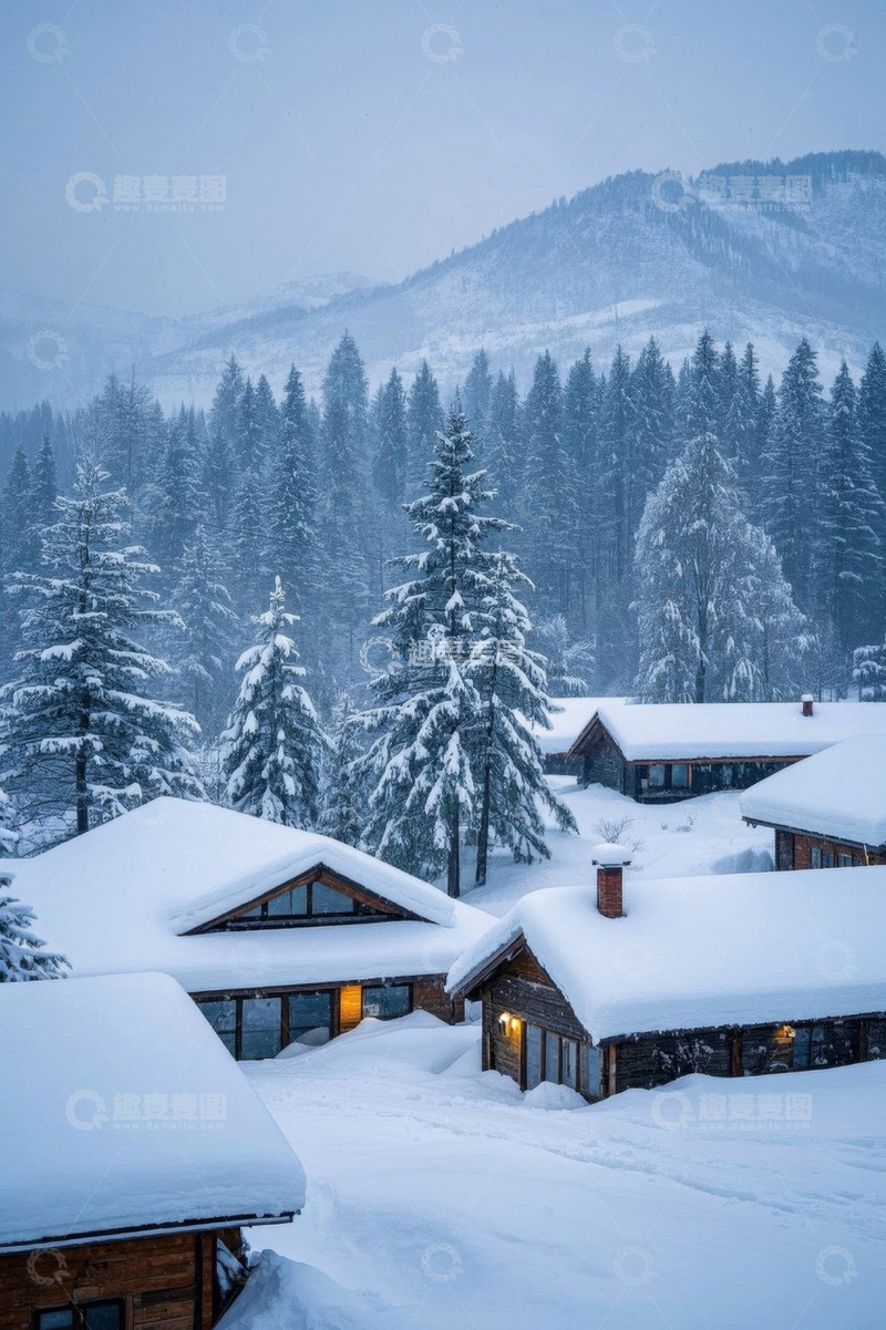 高清大图下载【趣麦麦图】雪覆山林中的木屋景观