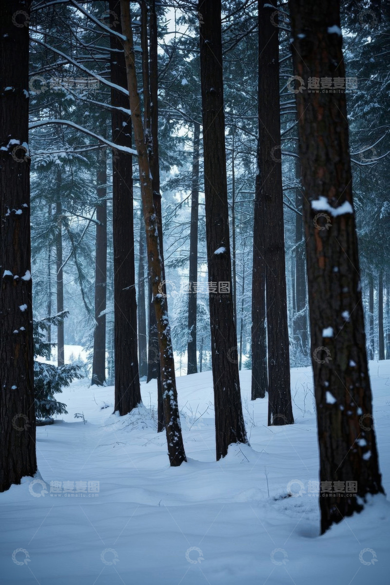 高清大图下载【趣麦麦图】冬日积雪覆盖的森林景象