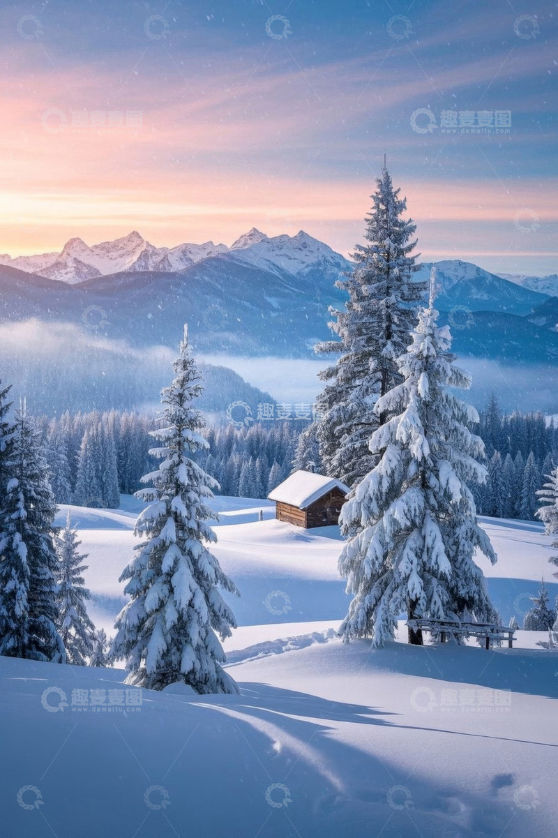 高清大图下载【趣麦麦图】雪山下的雪林与木屋风景
