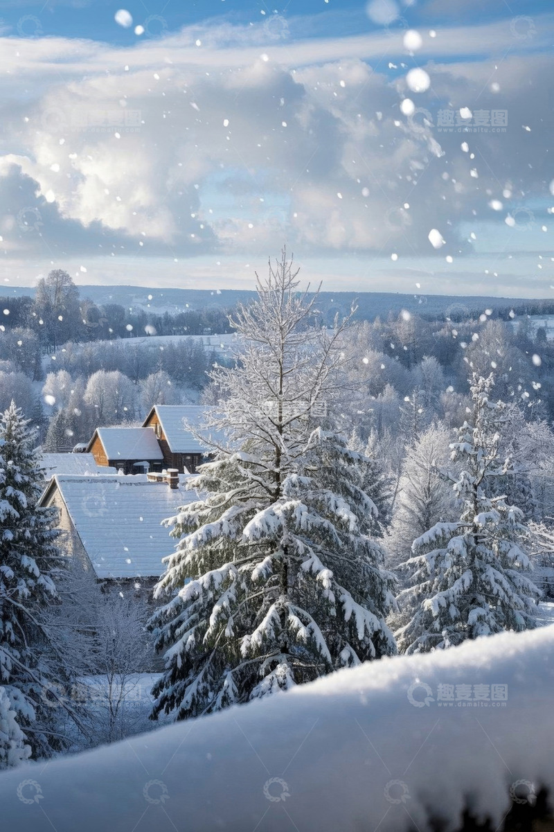 高清大图下载【趣麦麦图】雪中森林村庄景色