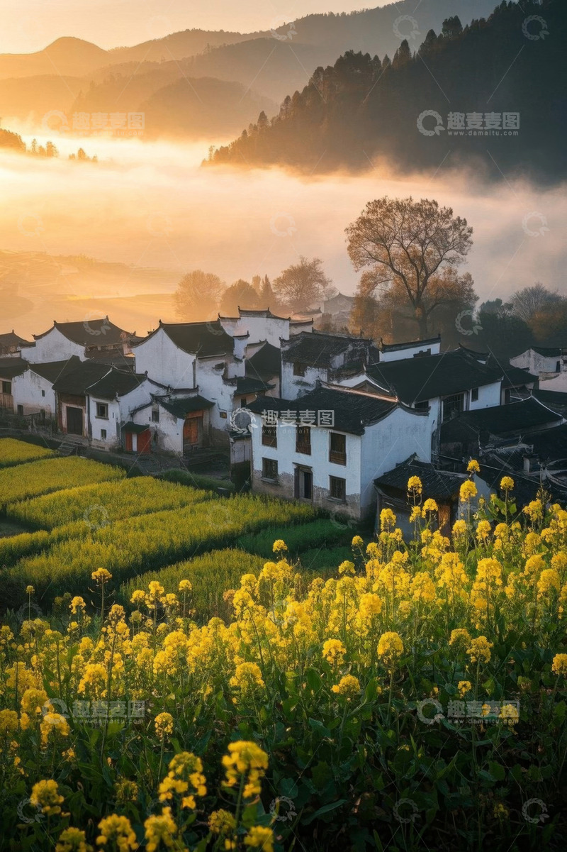 高清大图下载【趣麦麦图】乡村油菜花田与民居风光