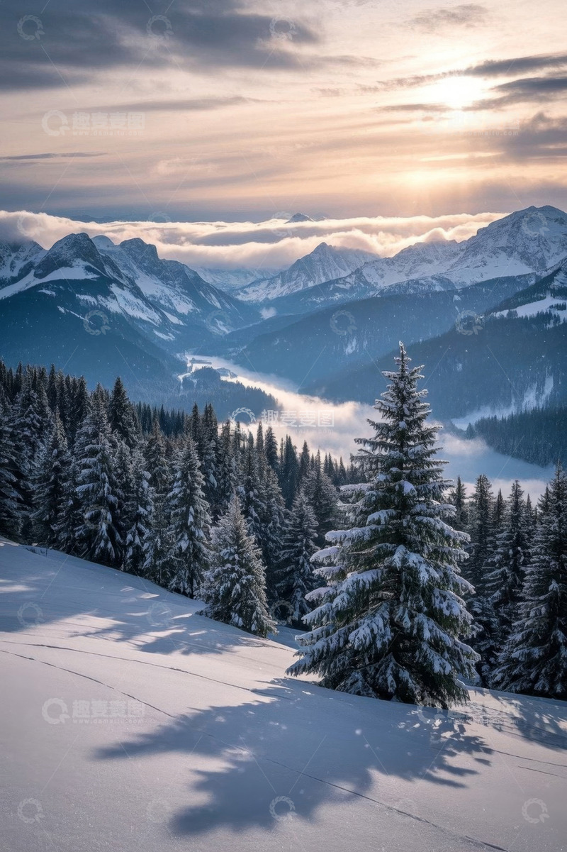 高清大图下载【趣麦麦图】雪山森林冬日自然风景