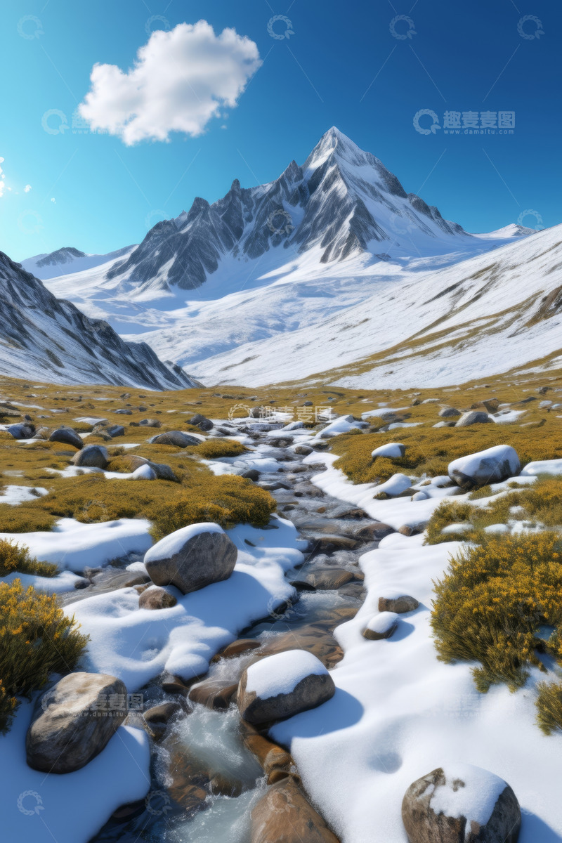 高清大图下载【趣麦麦图】雪山下的溪流与草地景观