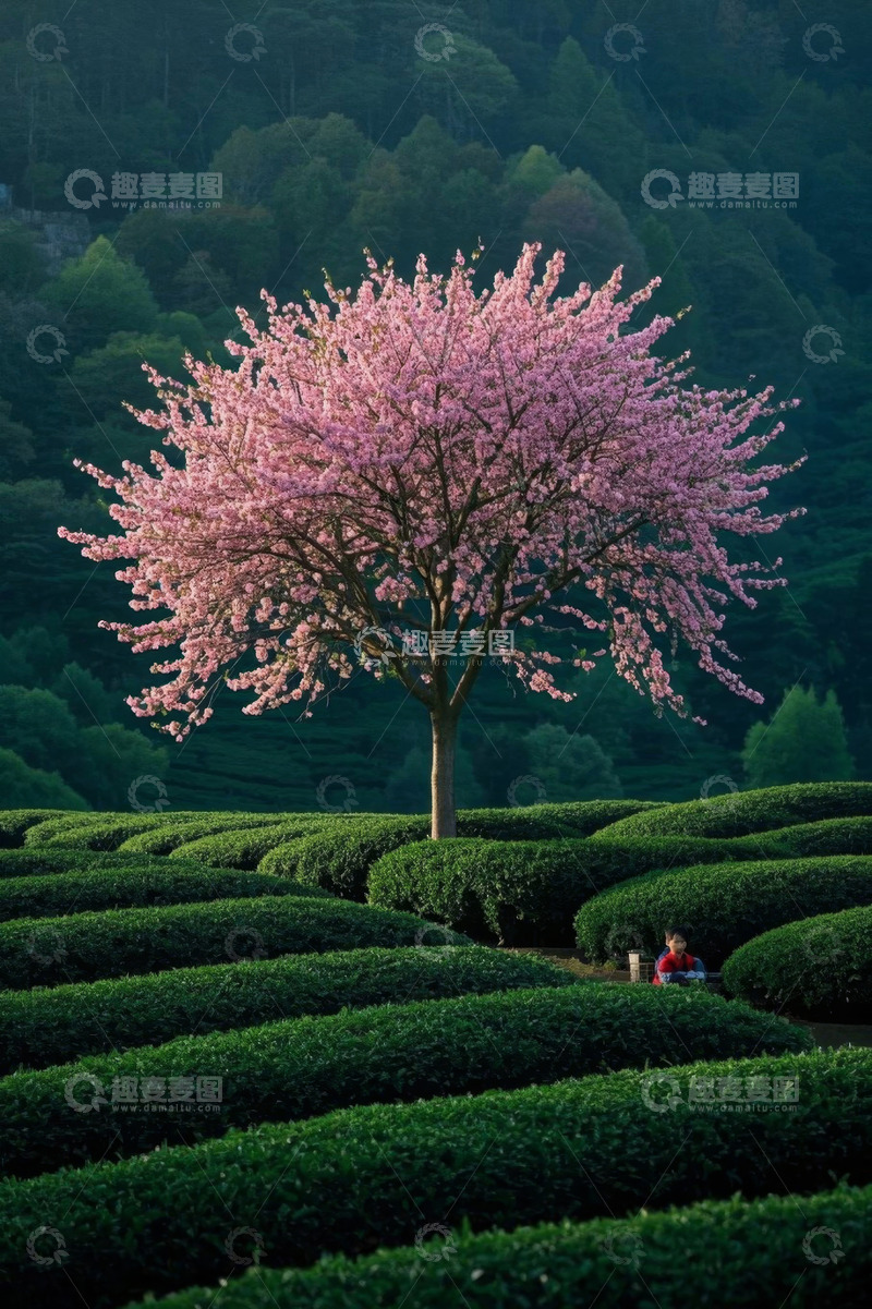 高清大图下载【趣麦麦图】茶园中盛开的樱花树