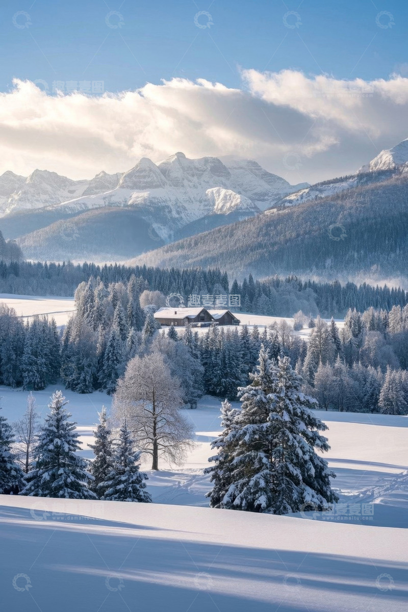 高清大图下载【趣麦麦图】冬日雪山下的森林与房屋景观