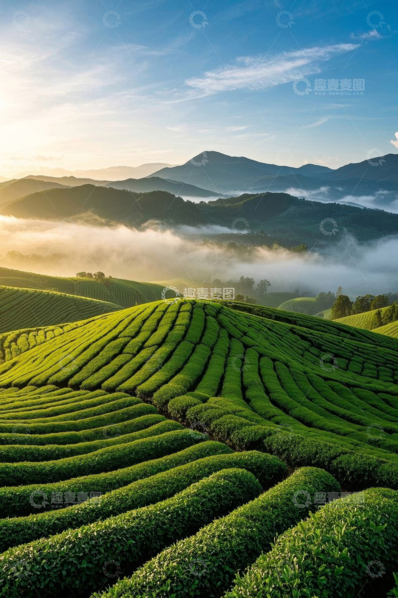 高清大图下载【趣麦麦图】晨雾中的绿色茶园风光