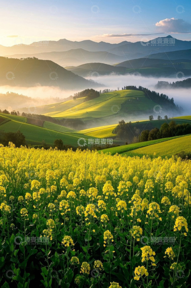 高清大图下载【趣麦麦图】田园油菜花田与远山风景