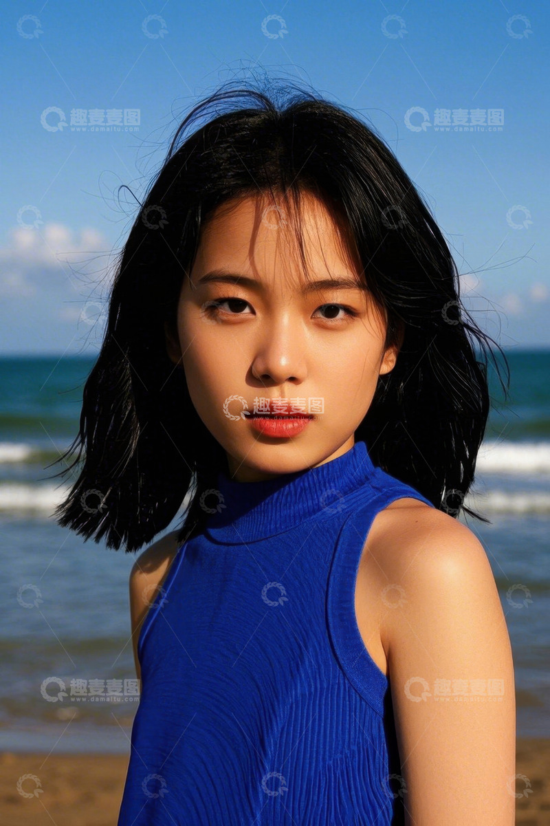 高清大图下载【趣麦麦图】阳光沙滩女孩写真蓝色连衣裙