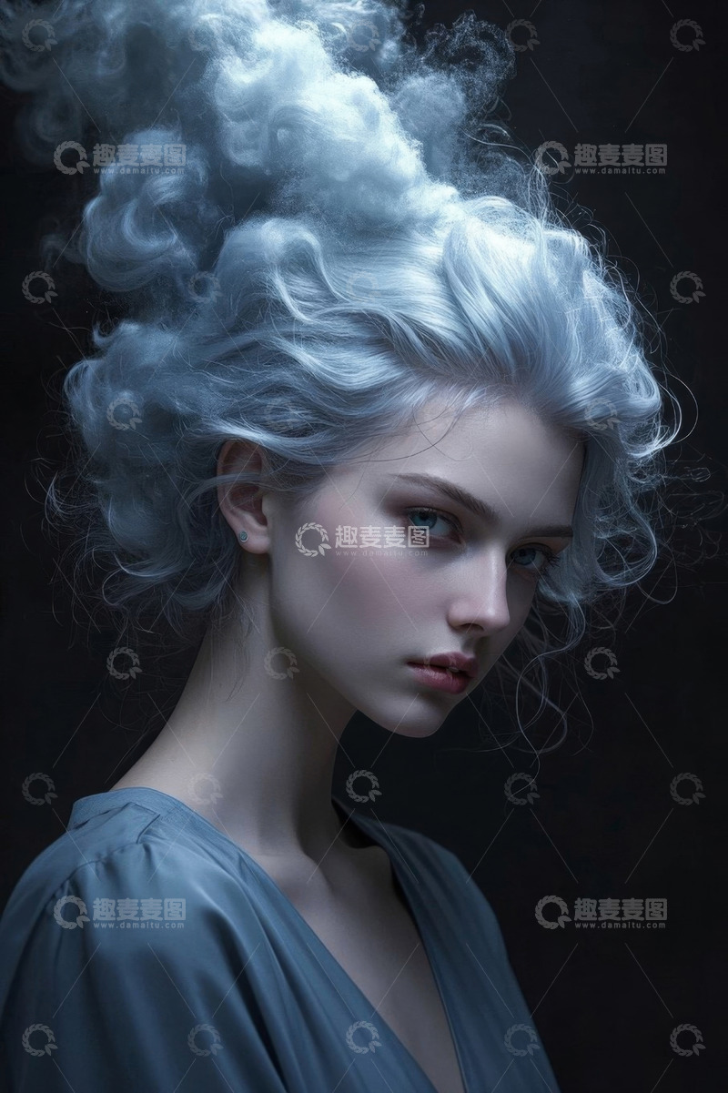 高清大图下载【趣麦麦图】梦幻蓝发女子侧颜肖像