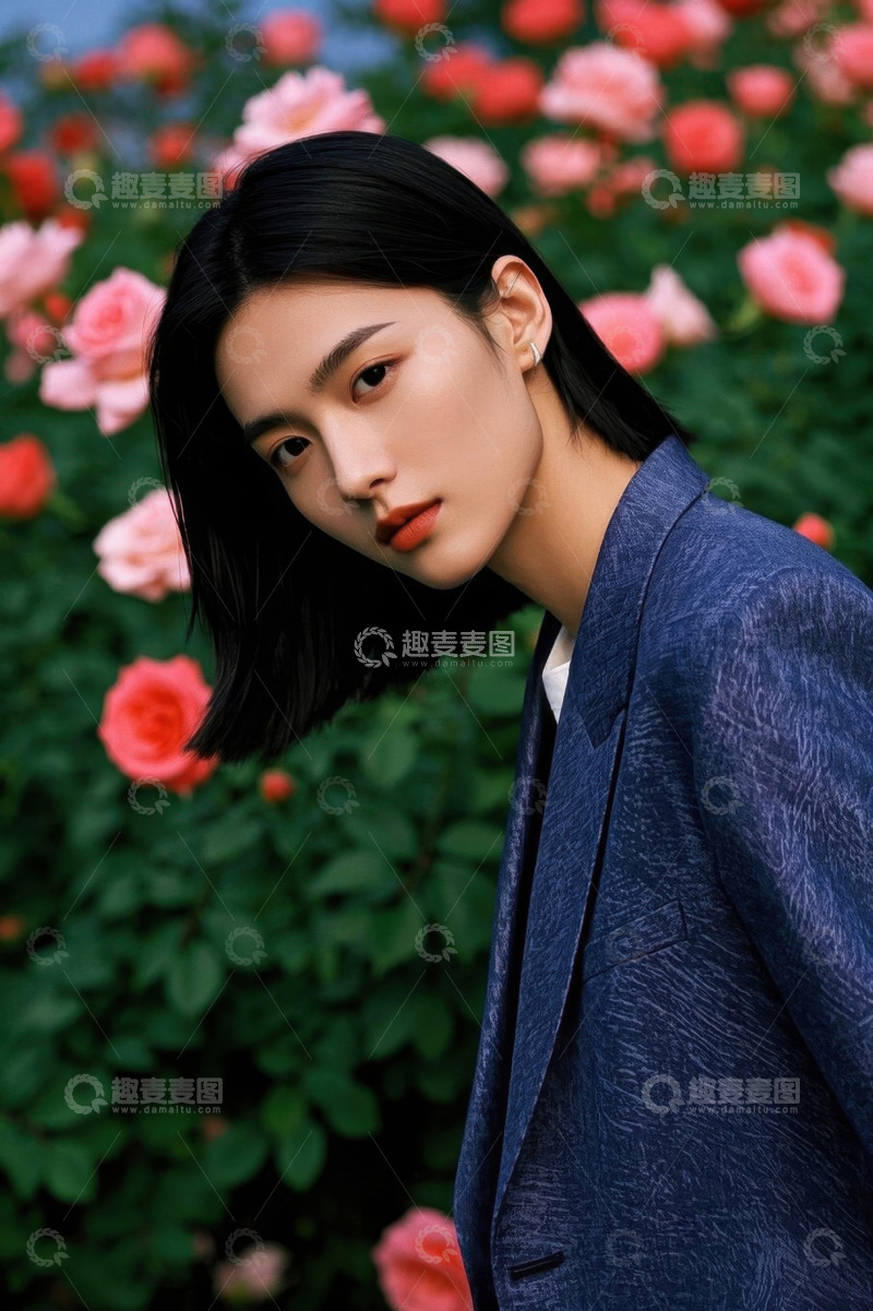 高清大图下载【趣麦麦图】玫瑰花丛中时尚女子侧颜照