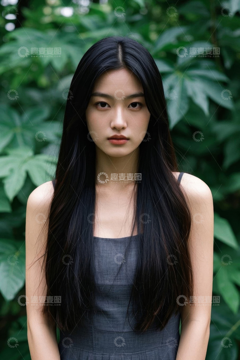 高清大图下载【趣麦麦图】绿叶背景下气质美女肖像