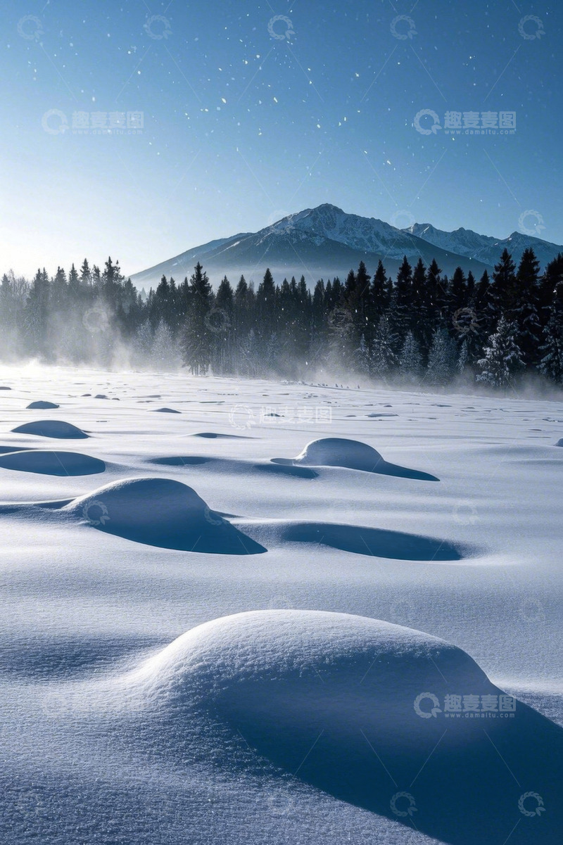 高清大图下载【趣麦麦图】雪覆盖的森林与远处雪山景观