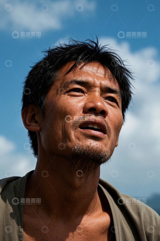 阳光下仰望天空的男子肖像