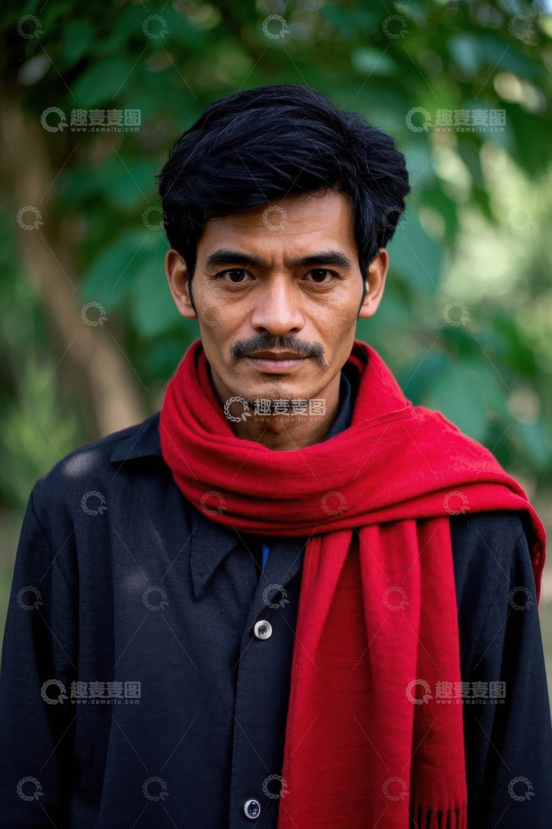 高清大图下载【趣麦麦图】一位身穿黑衣红围巾的亚洲男子肖像