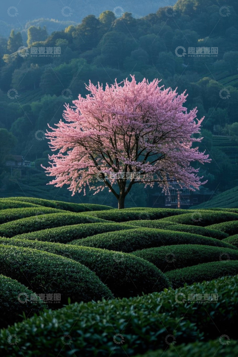 高清大图下载【趣麦麦图】茶园中的盛开樱花树
