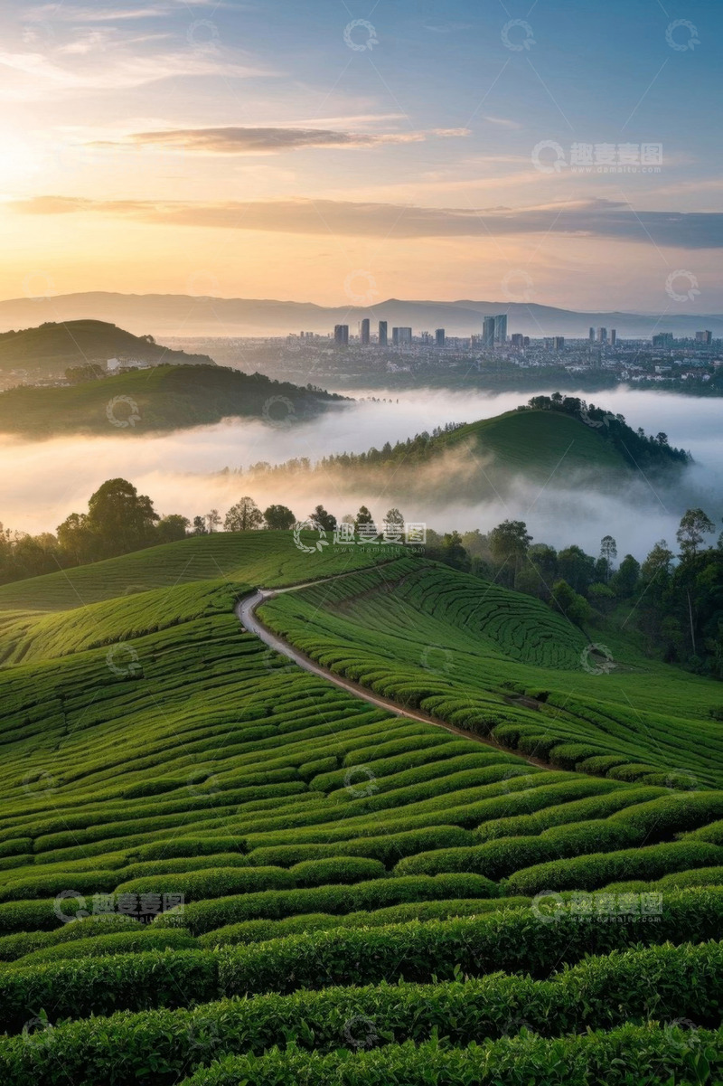 高清大图下载【趣麦麦图】日出时山间茶园与城市远景