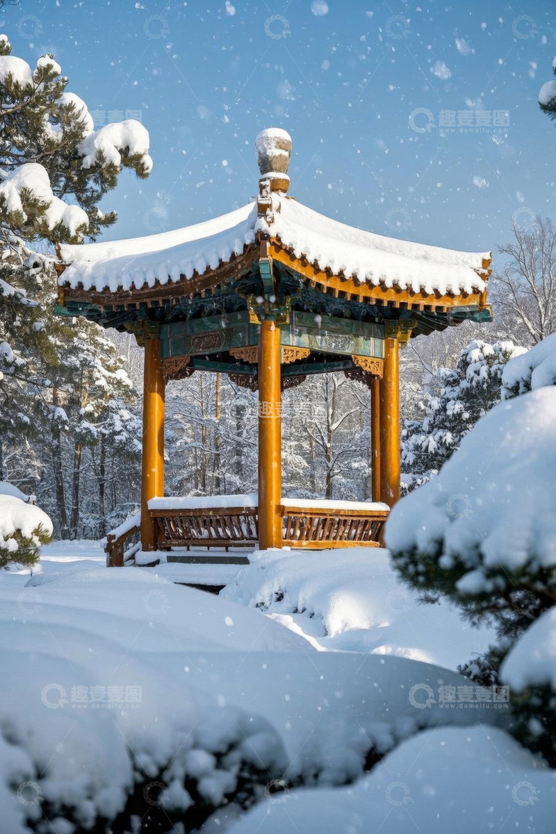 高清大图下载【趣麦麦图】雪后公园中式凉亭景观