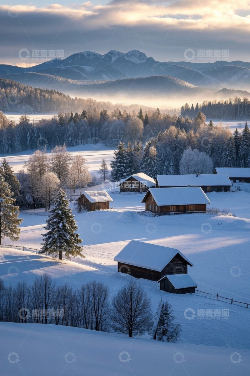 高清大图下载【趣麦麦图】冬日雪覆盖的山林木屋景观