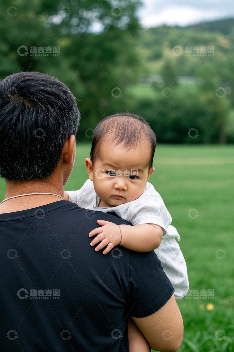 高清大图下载【趣麦麦图】父亲怀抱婴儿户外写真