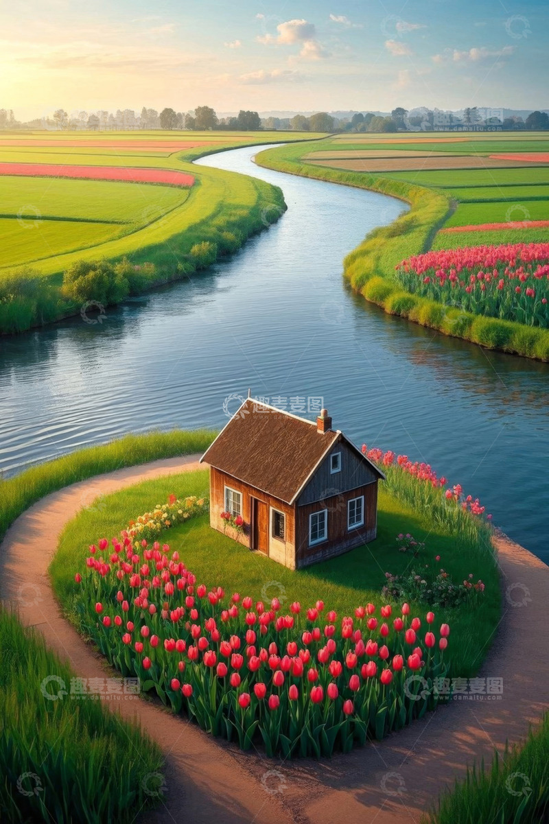 高清大图下载【趣麦麦图】河畔小屋旁的郁金香花田风光