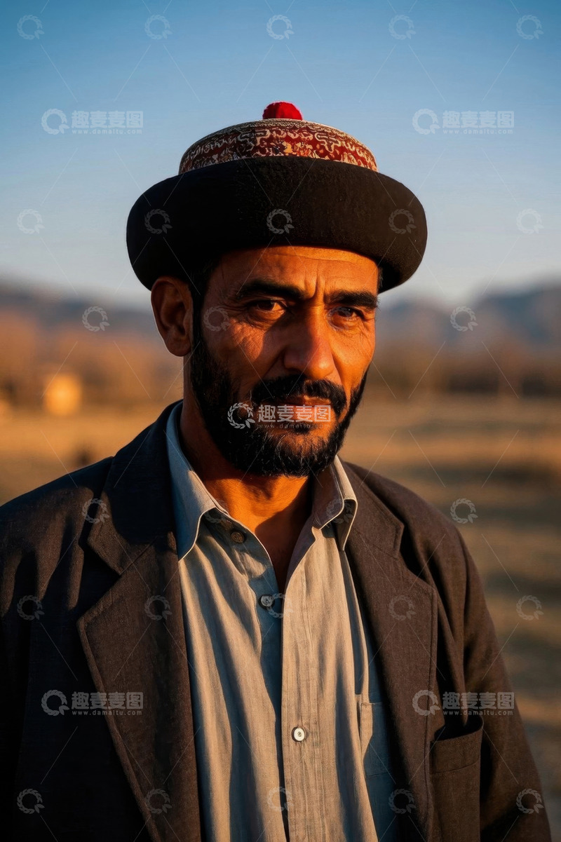 高清大图下载【趣麦麦图】落日余晖下戴传统帽子的中年男子