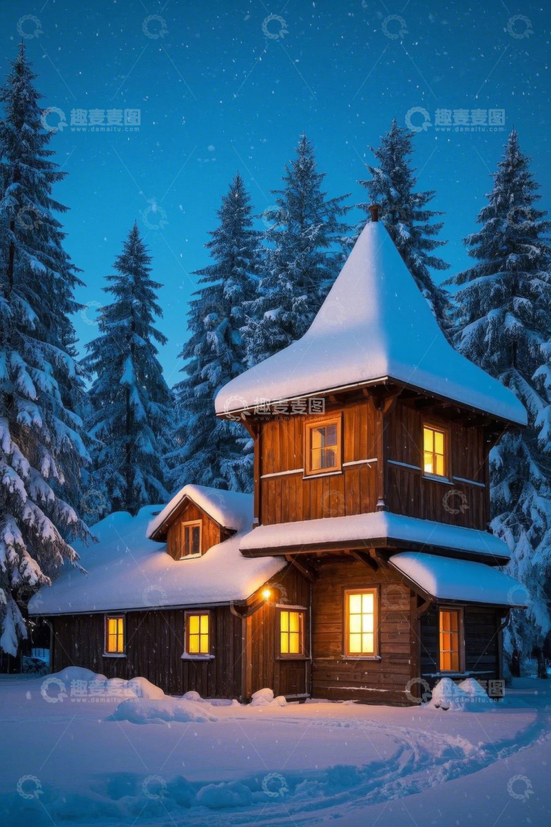 高清大图下载【趣麦麦图】雪夜中的森林木屋