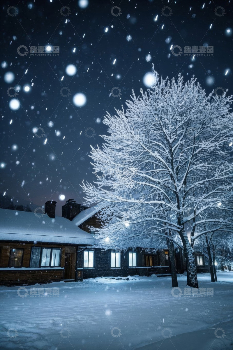 高清大图下载【趣麦麦图】雪夜中的木屋与积雪树木