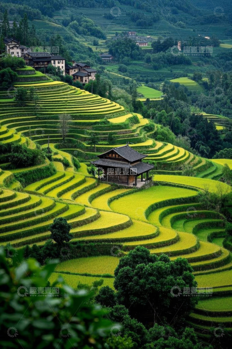 高清大图下载【趣麦麦图】山间梯田与传统建筑景观