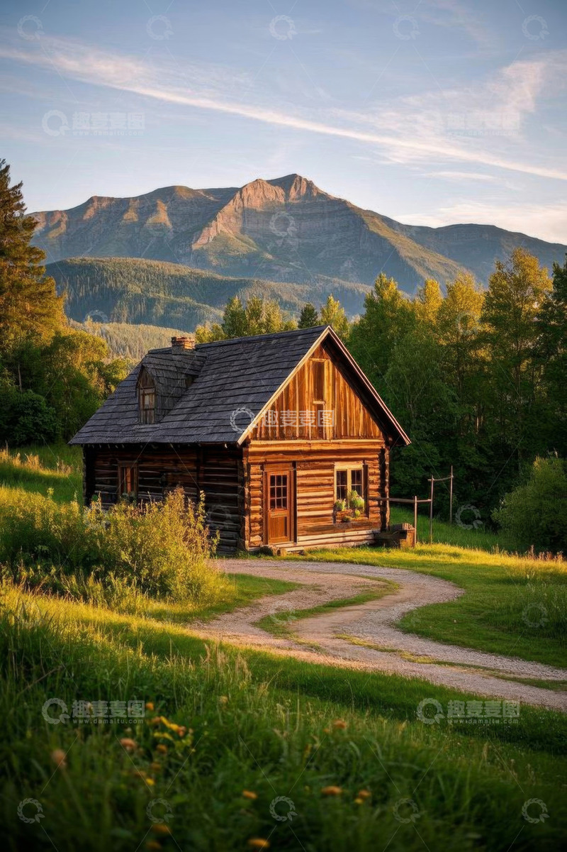 高清大图下载【趣麦麦图】山间木屋旁的自然风光